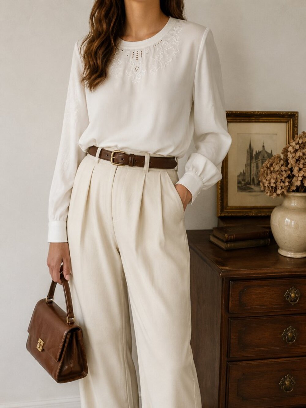 Alfred Dunner Ivory Embroidered Long Sleeve Blouse - Size 14